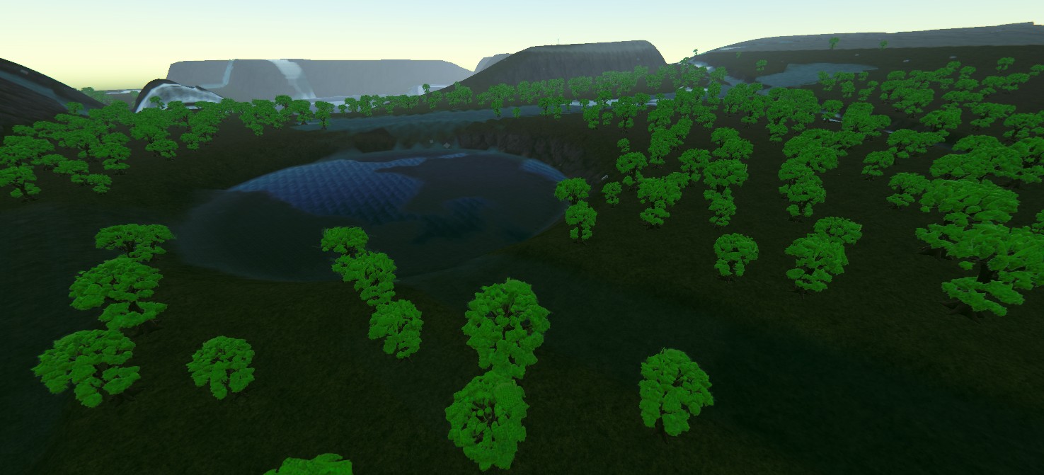 Aerial view of Worldis procedural world with dense forests, a lake, and mountain ridges